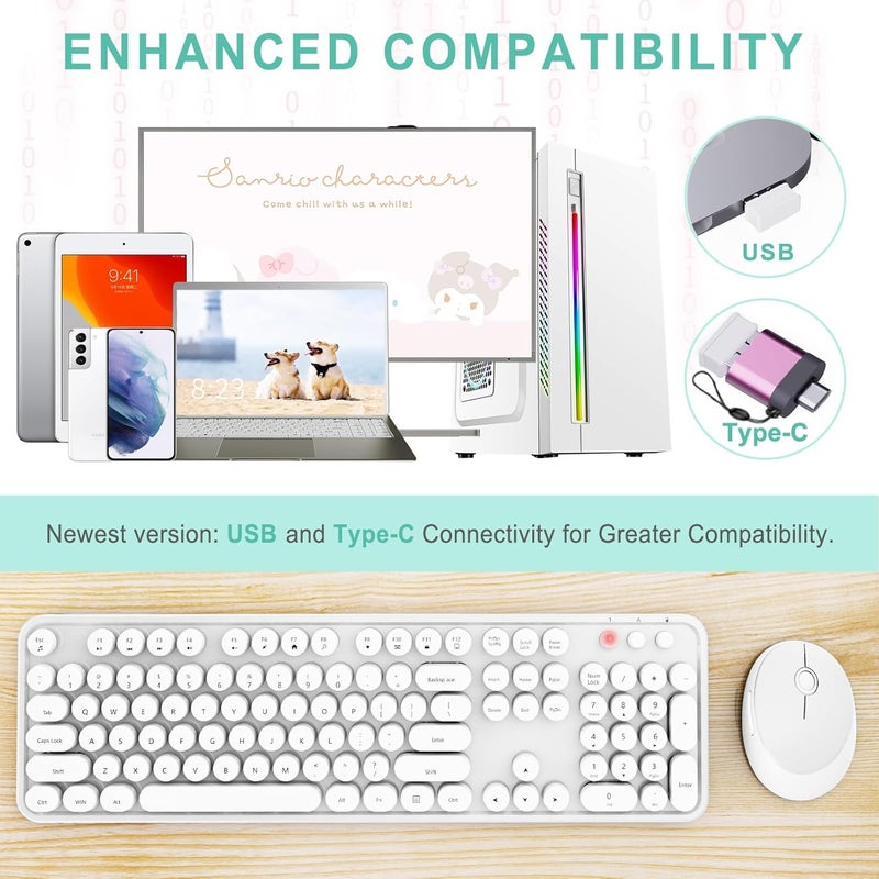 SkyGive Wireless Keyboard and Mouse Combo, Ergonomic Full Size Typewriter Retro Round Keycaps Keyboard, Compatible with Windows, PC, Perfer for Home and Office Keyboards（White） - Image 2